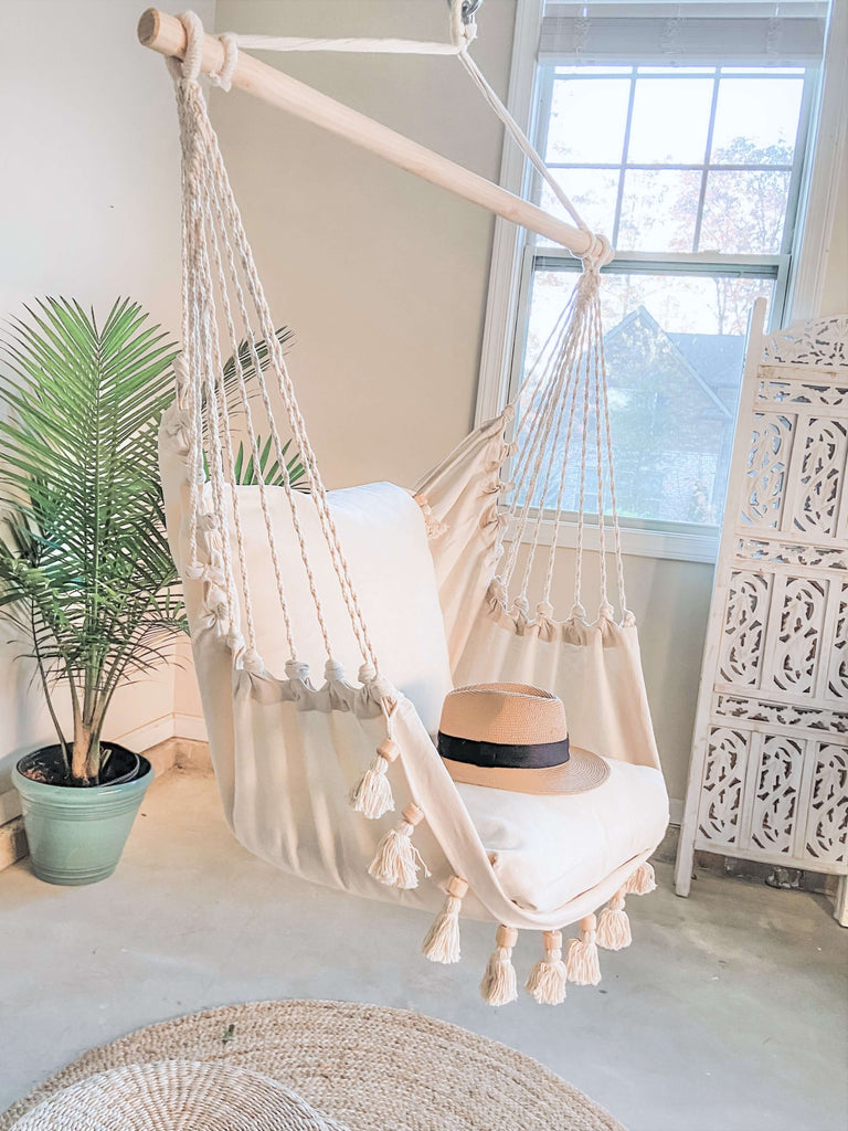 Boho Bliss Hammock Chair Set - Luxurious Macrame Swing with Tassels | Wild Throw Co.